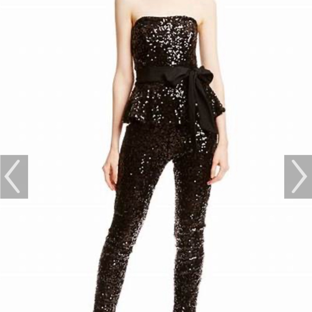 French Connection black sequin jumpsuit Sz US 0 UK 4 peplin top